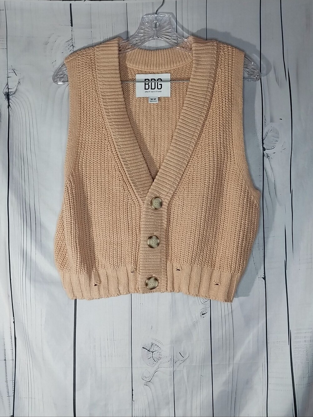 BDG Urban Outfitters Cropped V-Neck Button-Front Distressed Boho Knit Vest